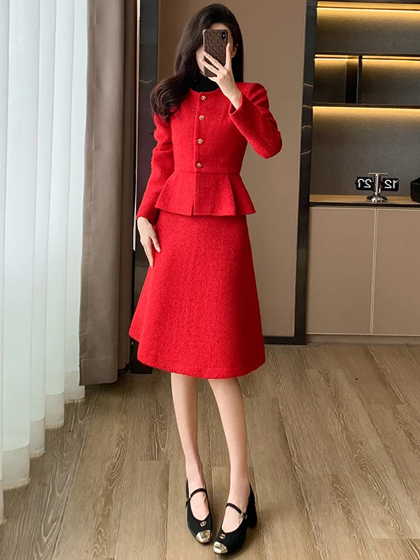 

Fashionable Red New Year Women's Suit Set High Quality Winter Elegant Small Fragrance Style Top Half Skirt Two Piece Set