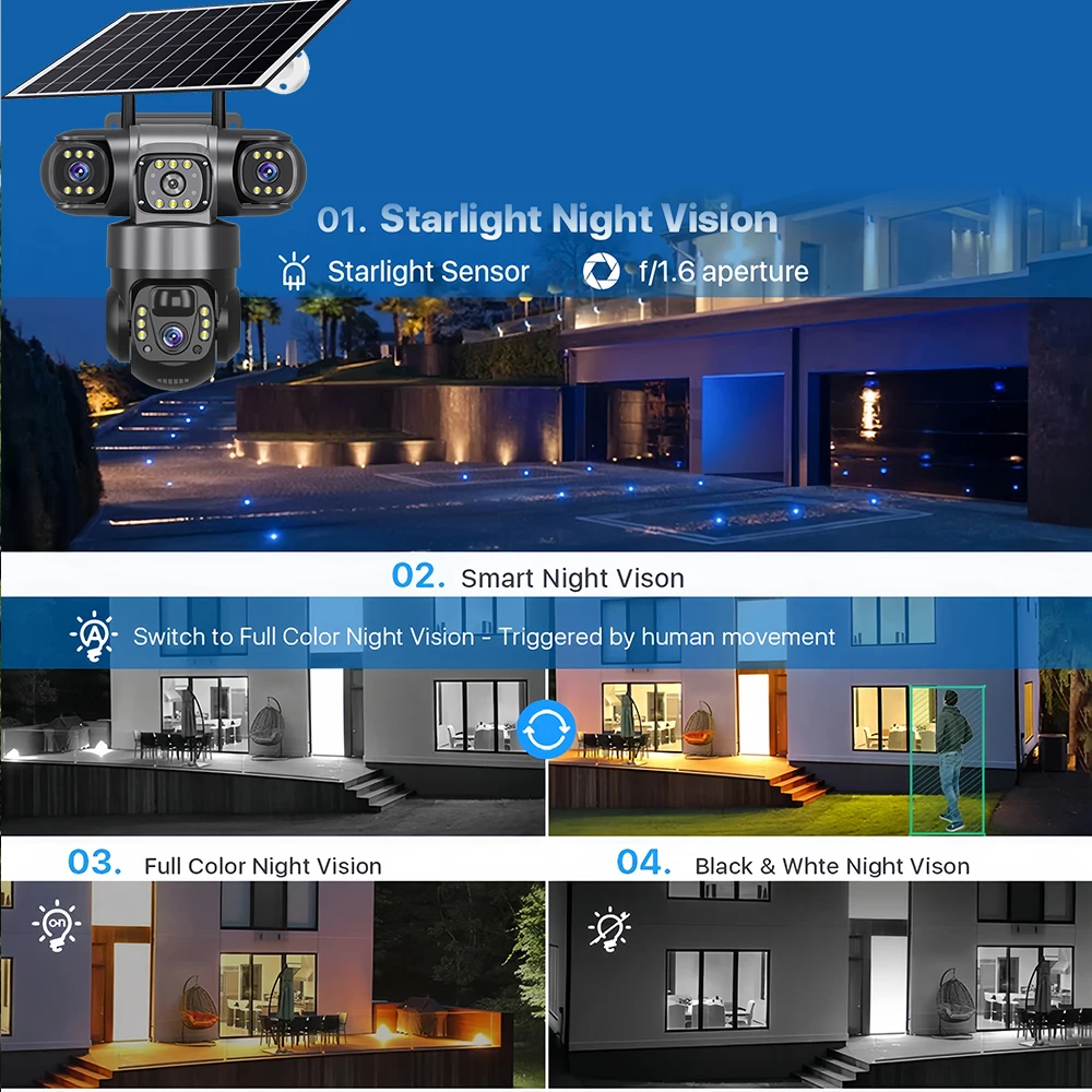 15MP كاميرا تعمل بالطاقة الشمسية ثلاثة عدسة الصوت في الهواء الطلق IP66 مقاوم للماء المدمج في بطارية الأمن CCTV HD 4G بطاقة SIM كاميرا شبكة مراقبة V380 Pro