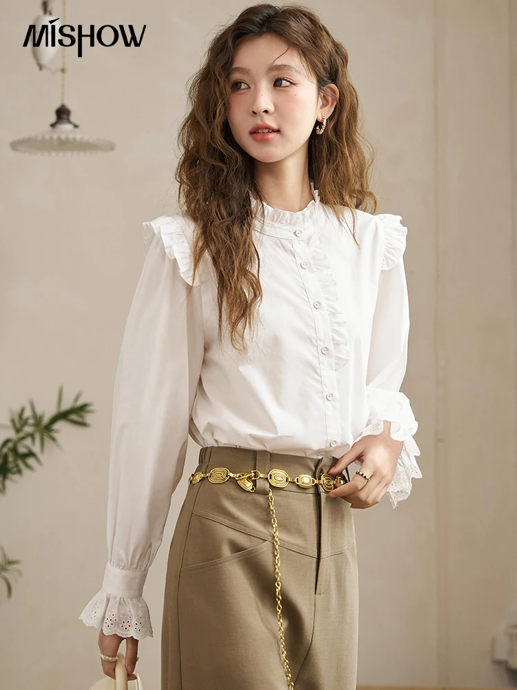 MISHOW Long Sleeve White Shirt for Women 2024 Spring French Stand Collar Spliced Lace Tops Women\'s Button Down Blouse MXD12C0148