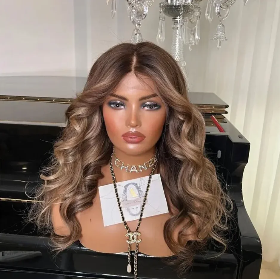 

20" Long Womens Wig Dark Brown Highlights Streaks Dark Roots Balayage Body Wave Natural Luxury Wig Wavy Synthetic Lace Front Wig