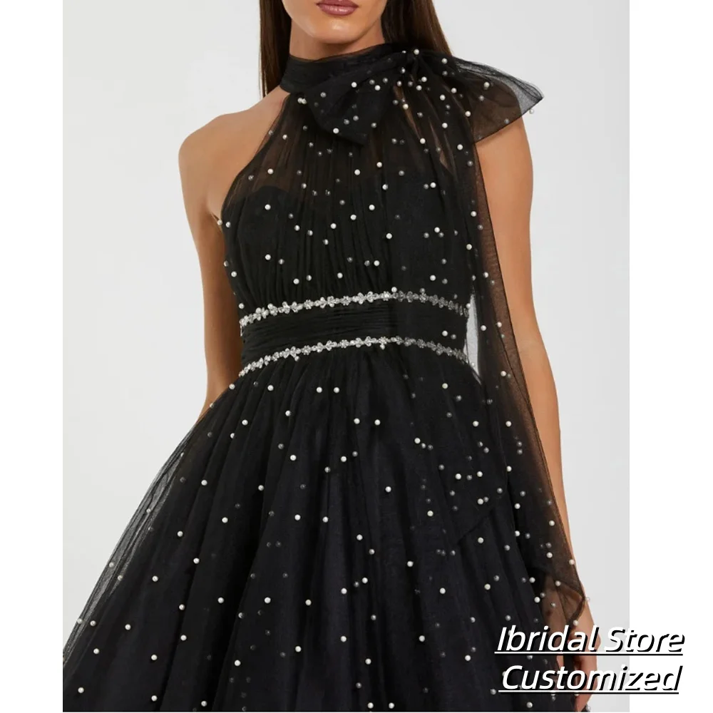 Vestidos de Noche acampanados de tul negro personalizados, vestido de fiesta corto sin mangas con cuello Halter, vestido de fiesta de perlas con cuentas de lujo