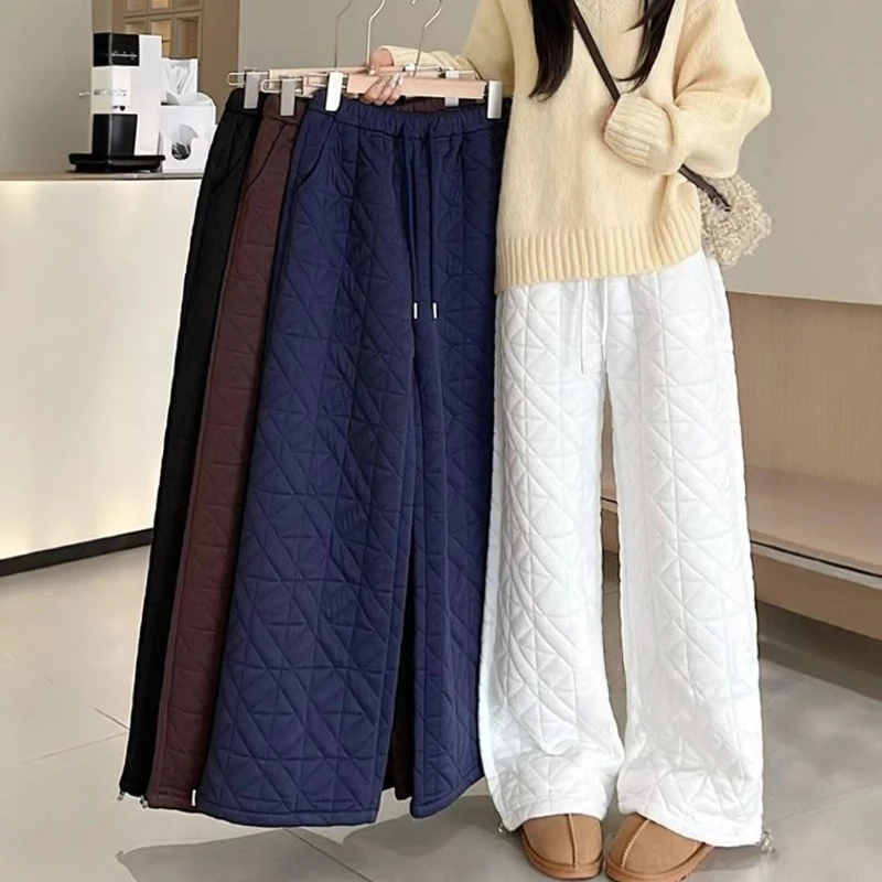 Women's Warm Wide Leg Pants Diamond Plaid Quilting High Waist Trousers Oversize Korean Style Winter Loose Black Outerwear Pants