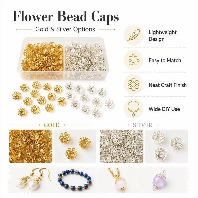 300 Stück/Box Goldene Antike Hohle Blumen-Trompetenperlen-Endkappen Filigrane Perlenkappen für DIY Schmuckherstellung Zubehör – Detail 5