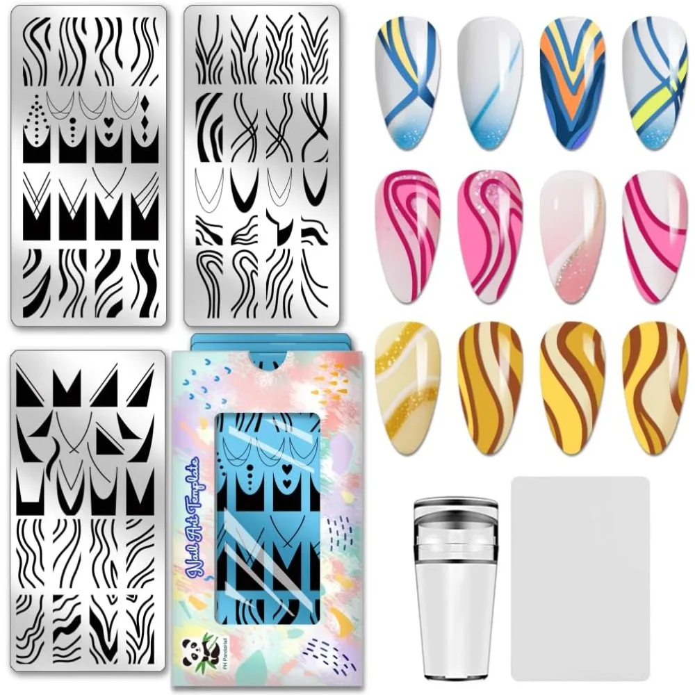 Edelstahl DIY Nagelkunst-Schablonen, Vorlagenwerkzeug, Rechteckige Gemischte Formen 12x6cm 3 Stück/Set