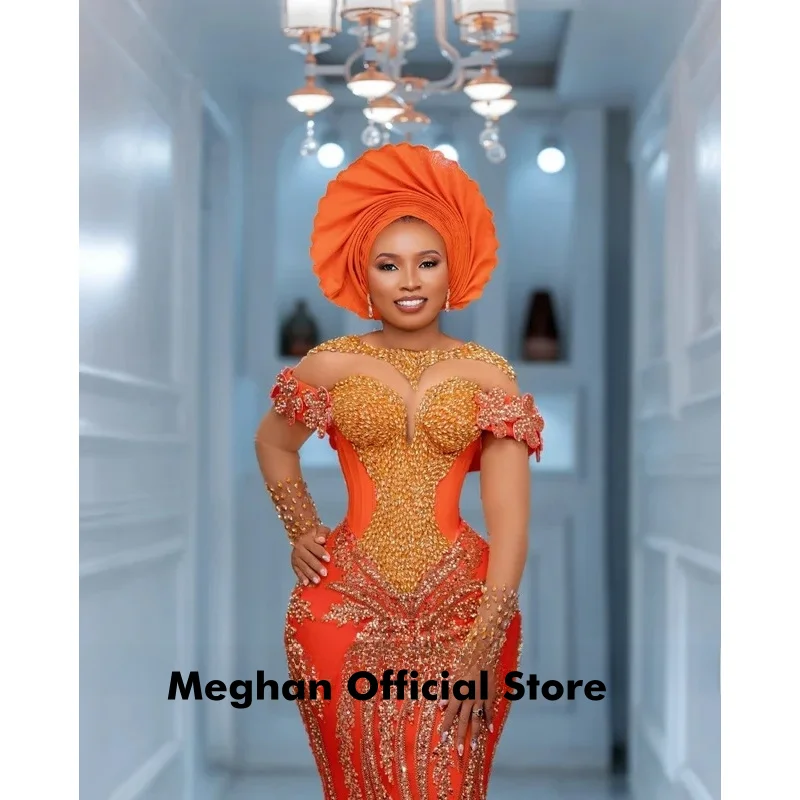 Orange Delicate Beaded Applique Evening Dresses For Women Aso Ebi Long Mermaid Prom Gowns Wedding Party Dress Luxury Customized