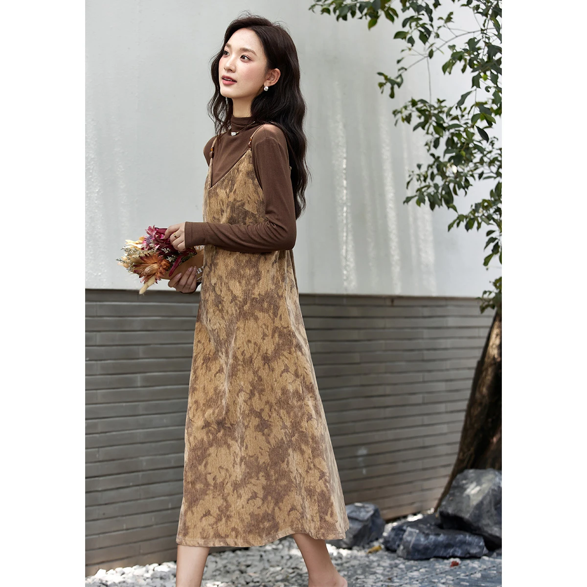 VIMLY Elegant Women's Dress Sets Autumn 2025 Vintage Velvet Long Suspender Dresses Half Mock Neck Knitted Tops 2 Piece Set A2861