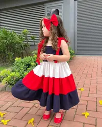 2-7Y Kids Girls Princess Dress Contrast Color Tie-Up Shoulder Straps Sling Dresses Pageant Party Dress with Headband Clothes