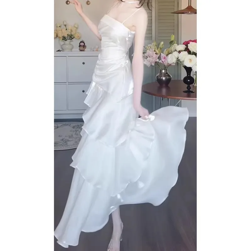 Vestido de Verão ular com Detalhes em Renda e Alças de Cetim para Mulheres, Estilo Coreano, Saia Longa com Cintura Ajustada