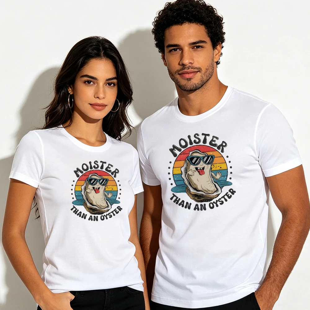 MOISTER THAN AN OYSTER 70s Retro Style Cool Oyster Cartoon Print Unisex Beach Vibe Street Fashion Leisure Daily Top Men Clothing