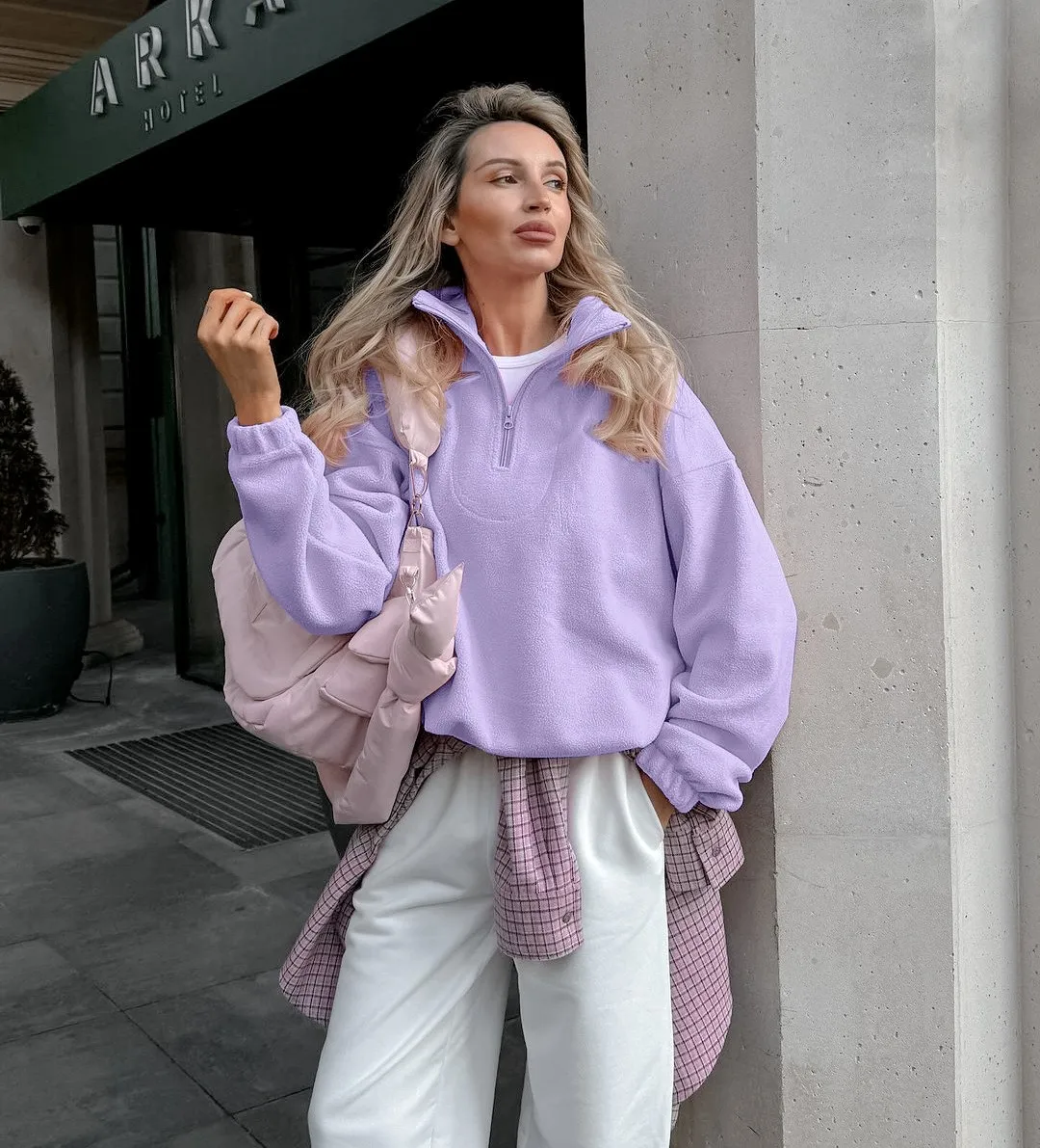 Loose Fit Pullover Hoodie Mid Long Length Commuter Style with Regular Sleeve Long Sleeve Notched Lapel Zipper Women Sweatshirt