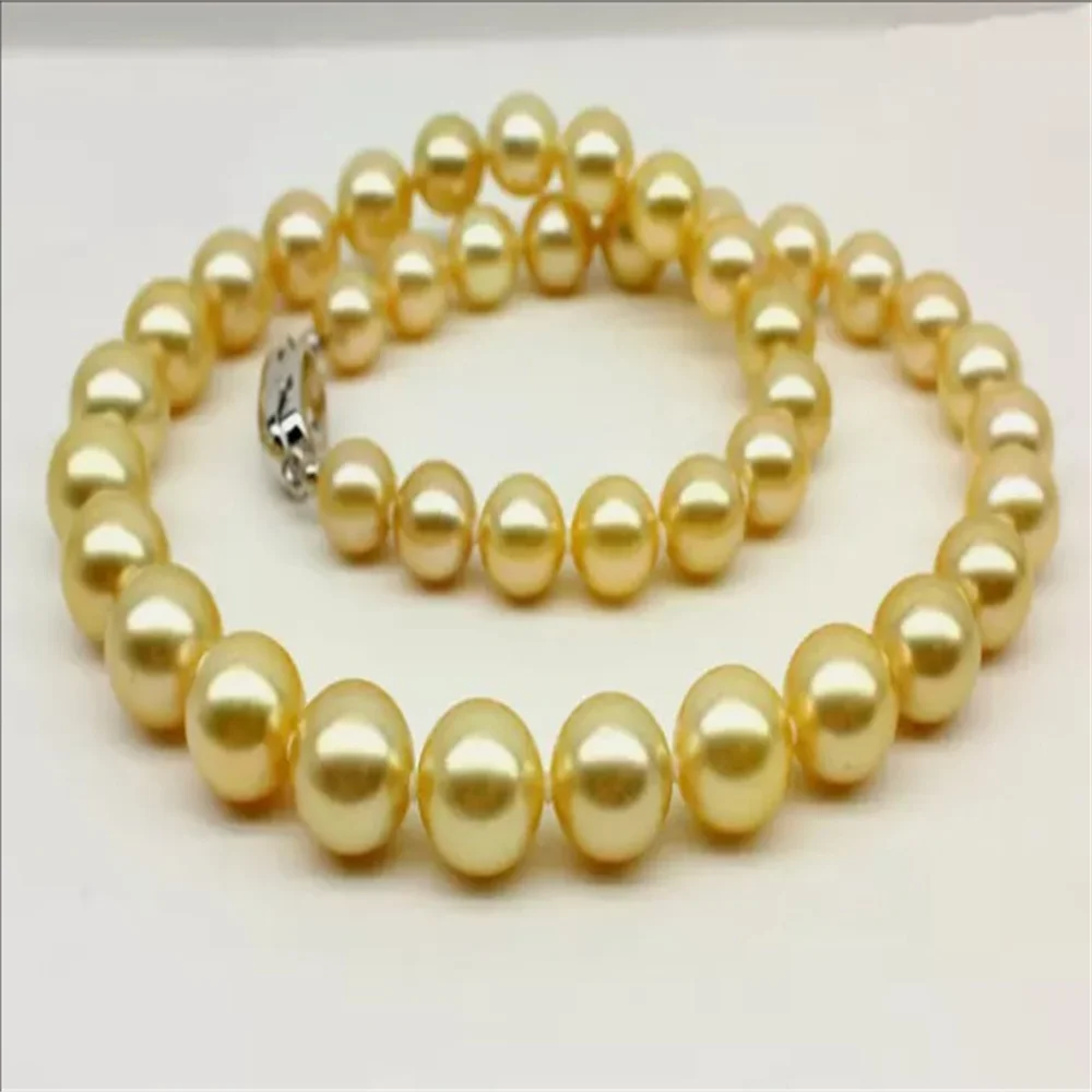 

HUGE18"10-11mm natural south sea genuine light gold perfect round pearl necklace