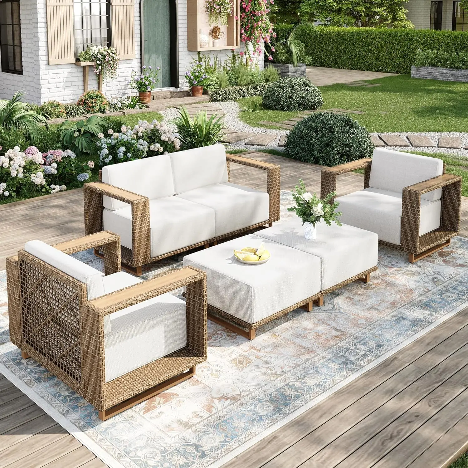 Patio Furniture Set with 10-inch Thick Cushions, 5 Piece, Customized