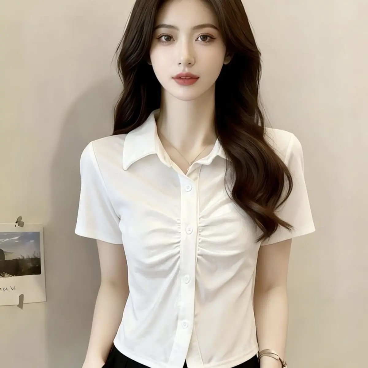 

Women's Neck Short Sleeve T-Shirt Slim Fit Pleated Summer Korean Style Sweet Cool Spicy White Top Fashionable Casual Shirt