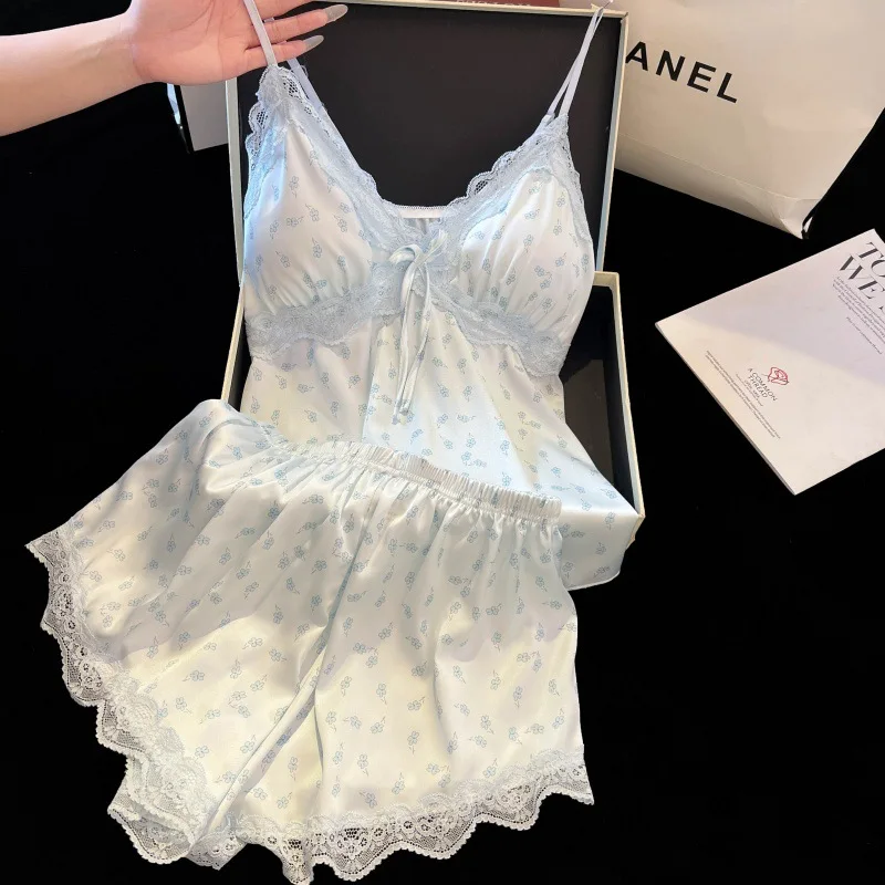 2026 الربيع والصيف الدانتيل مع وسادة الصدر سترة مجموعة تي شيرتات قصيرة للأطفال منامة الحرير الجليدي الساتان الدانتيل ملابس المنزل Pirastasama Жеenca #2