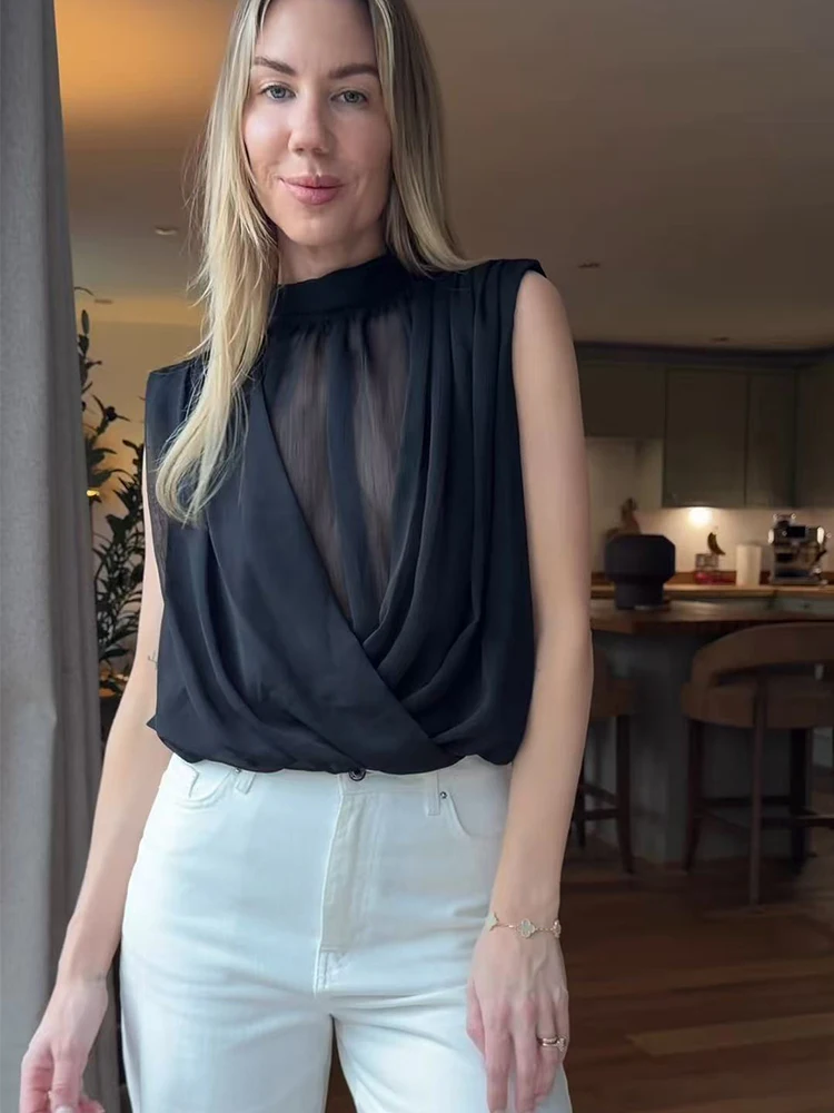 

Элегантная женская блузка TFMLN 2026 с бантом, однотонный топ без рукавов с рюшами, летний офисный пуловер с воротником-стойкой, одежда