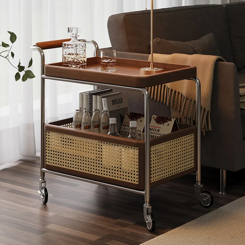 Middle Ancient Style Solid Wood Sofa Side Table, Movable Coffee Table Small Cart, Living Room Household Small Table Storage Rack
