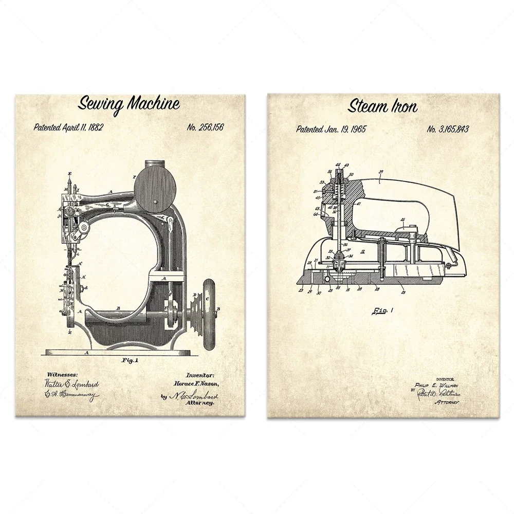 1882 Patent Art Print on Sewing Machine-1965 Steam Iron Patent Art Print-Tailor Gift Vintage Steam Iron Poster-Blueprint Art Pat