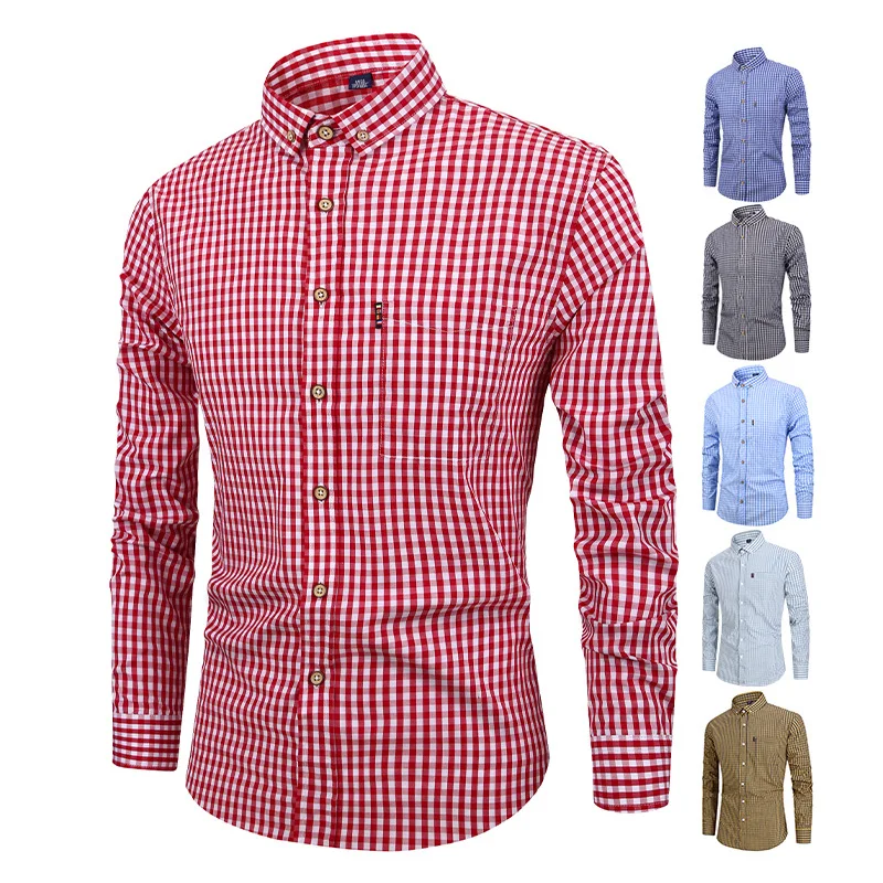 Us size 100% cotton men\'s long sleeve shirt with pocket plaid non-ironing casual high quality breathable plus size slim fit