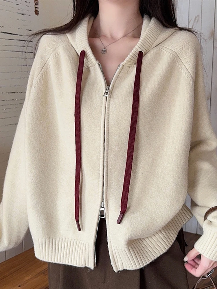 Ladies' Loose Fit Zipper Knitted Hoodie Outerwear Autumn Winter Casual Sle Long Sve Thiened Sweater Coat for Women