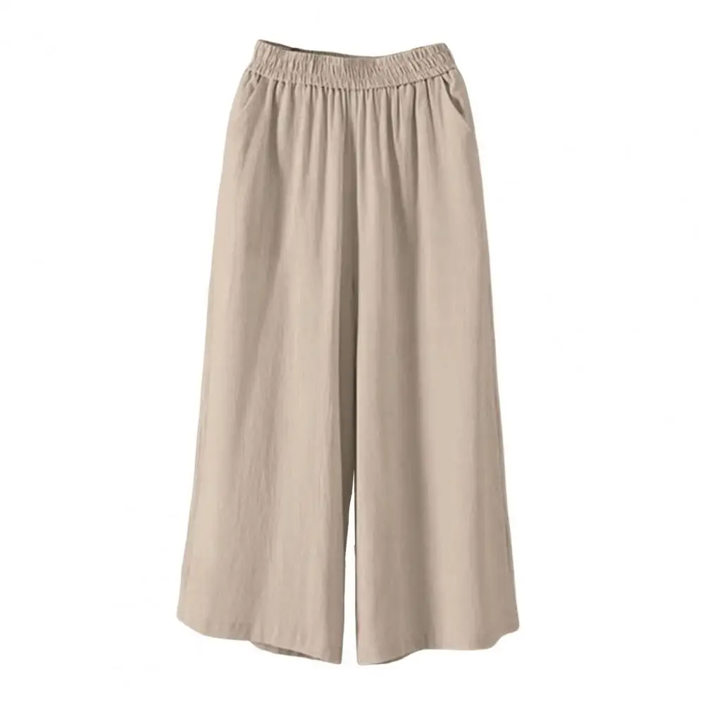 Calça cortada de perna larga feminina, elástico na cintura, monocromática, elegante, A