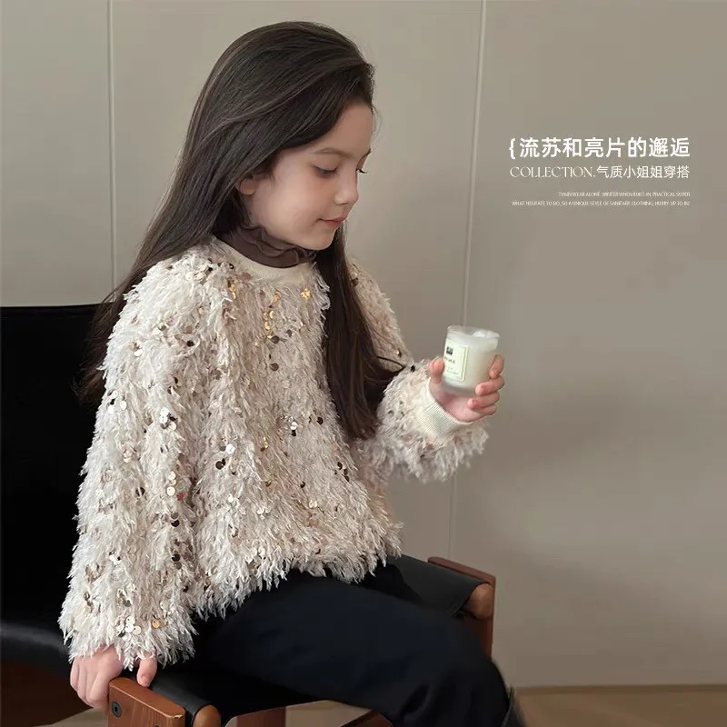 Girls' Thick Velvet Hoodie for Autumn and Winter Children's sequin tassel long sleeved top pullover