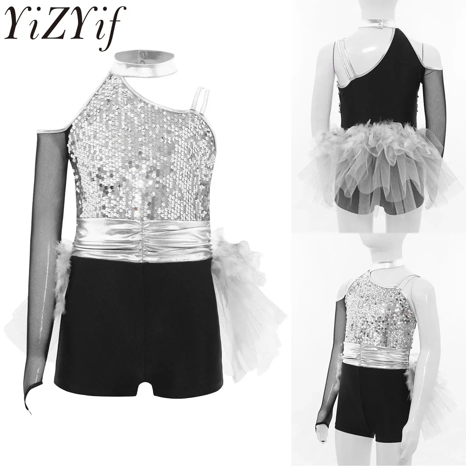Robe de danse Jazz latine pour enfants filles, jupe en Tulle à paillettes et plumes, justaucorps à taille froncée, combinaison asymétrique