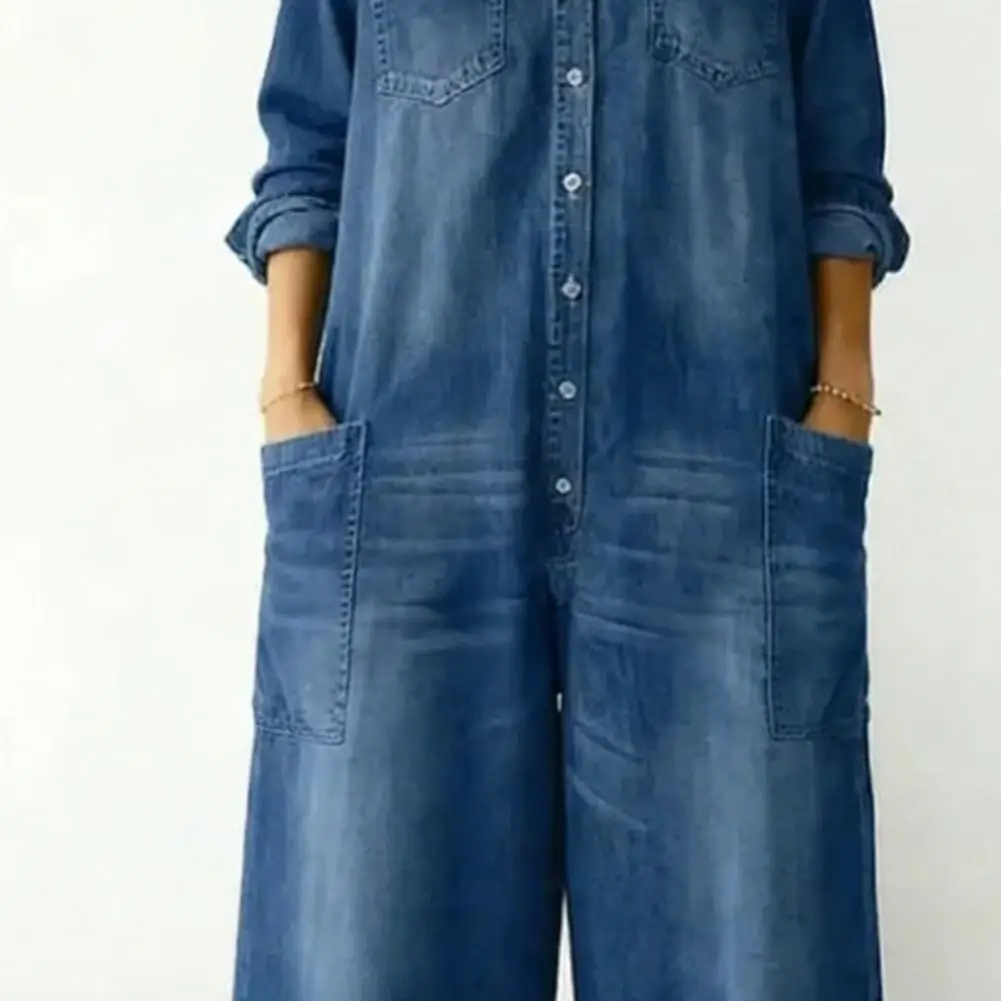 

Women's Oversized Denim Jumpsuit Long Sleeve Button Front Long Jeans Romper One Piece Wide Leg Overalls with Pockets Stretchy Ro