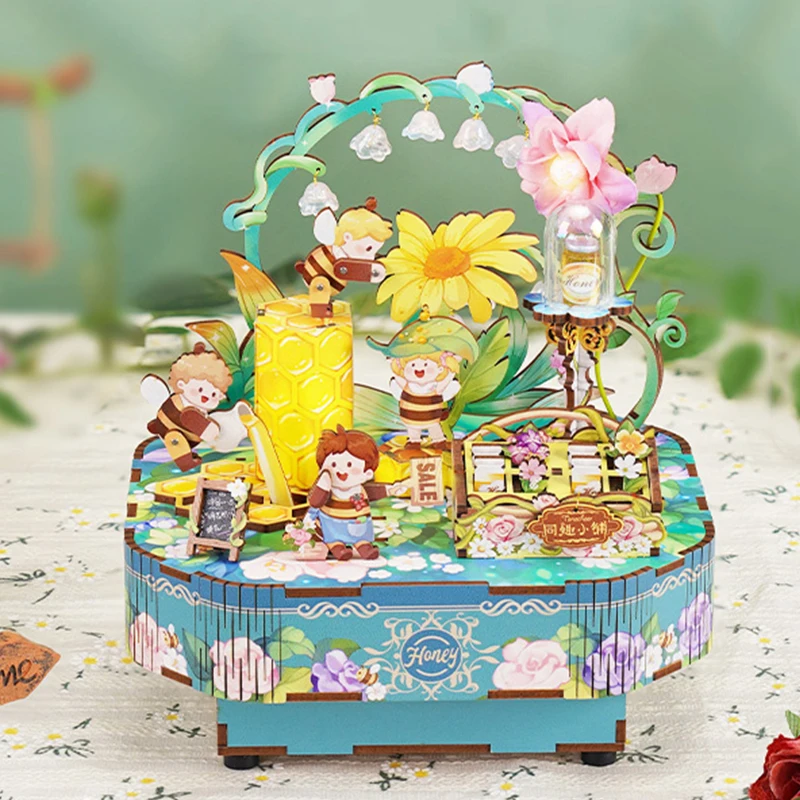 

NEW DIY Wooden Music Box Tea Shop 3D Puzzles Miniature Model Kits Can Move Jigsaw for Children Christmas Gifts Home Decoration