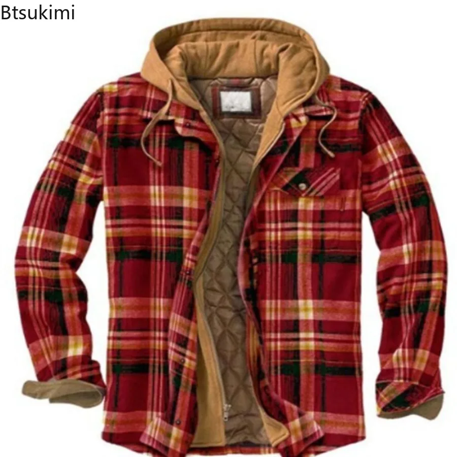 2025 Men's Winter Printed Cotton Jackets Harajuku Plaid Shirts Coats Hooded Zipper Long Sleeve Basic Casual Shirts Jackets Male