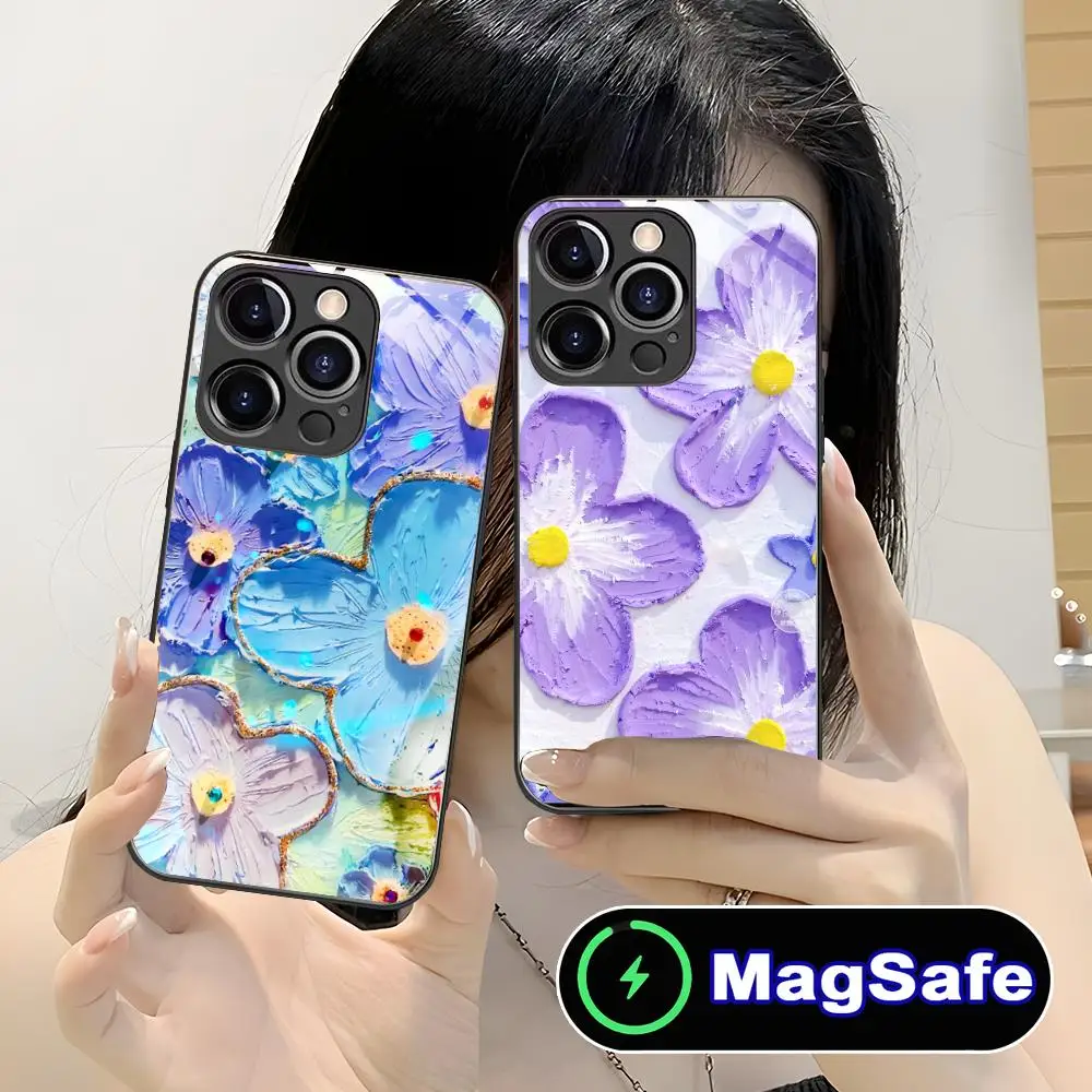 

Oil Painting Flower Phone Case for iPhone 16 15 14 13 12 11 Pro Max Plus Mini MagSafe Glass Colour Protective Luxury Smartphone