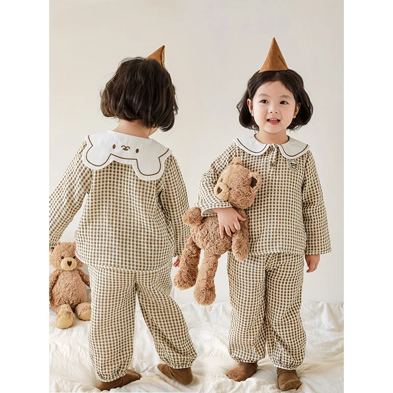 Girl's Checkered Home Suit Children's Cute Pajamas 2024 Spring New Baby Two-piece Set