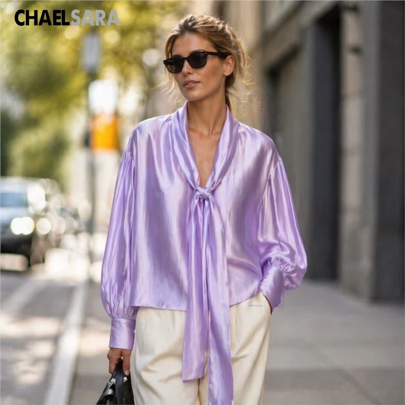 Chemisier ample en lyocell violet à lacets, nouvelle collection Printemps-Été 2026, haute qualité, pour femme, décontracté, uni, à manches longues