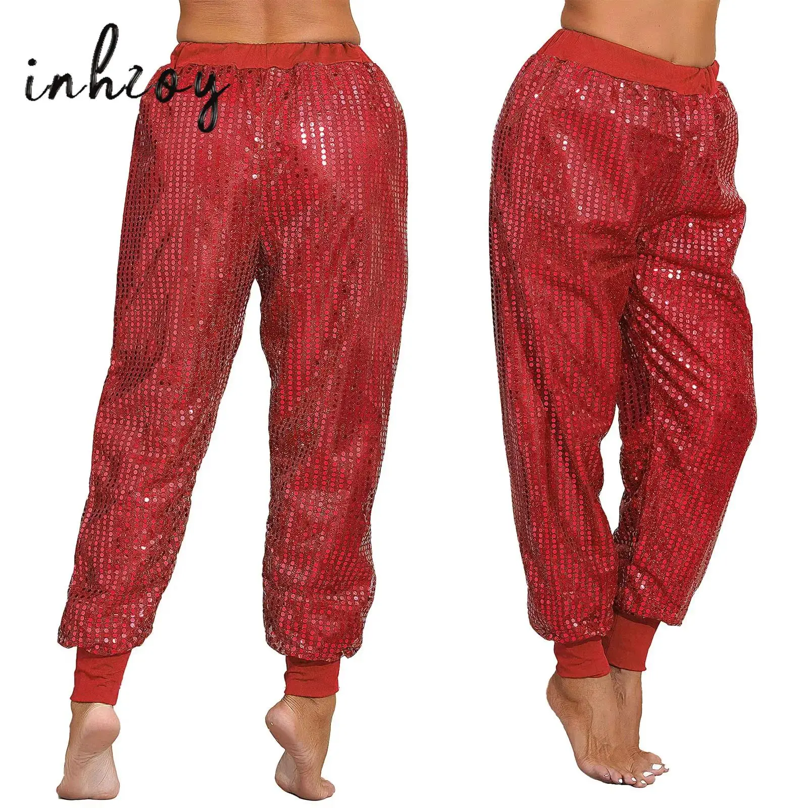 

Womens Loose Sequin Harem Pants Shiny Moden Jazz Hip Hop Dance Costume Performance Rave Party Bloomers Trousers Clubwear