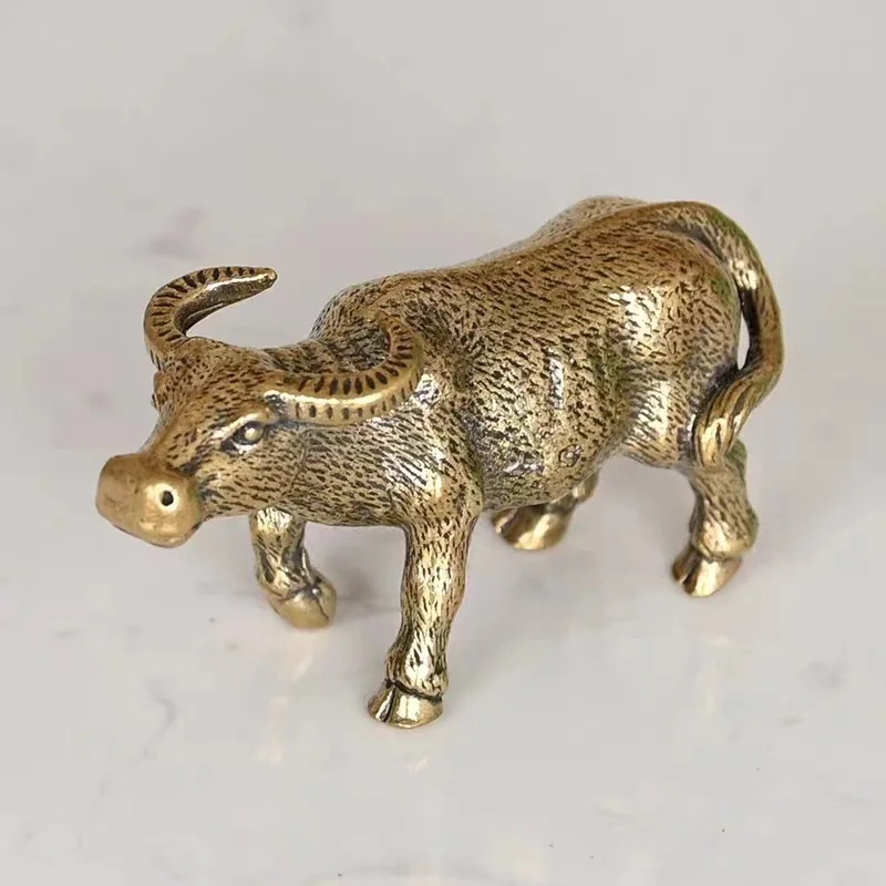 Solid brass figurine, vintage bronze zodiac bull, tea pet, animal ornament for desktop or living room, believed to bring we