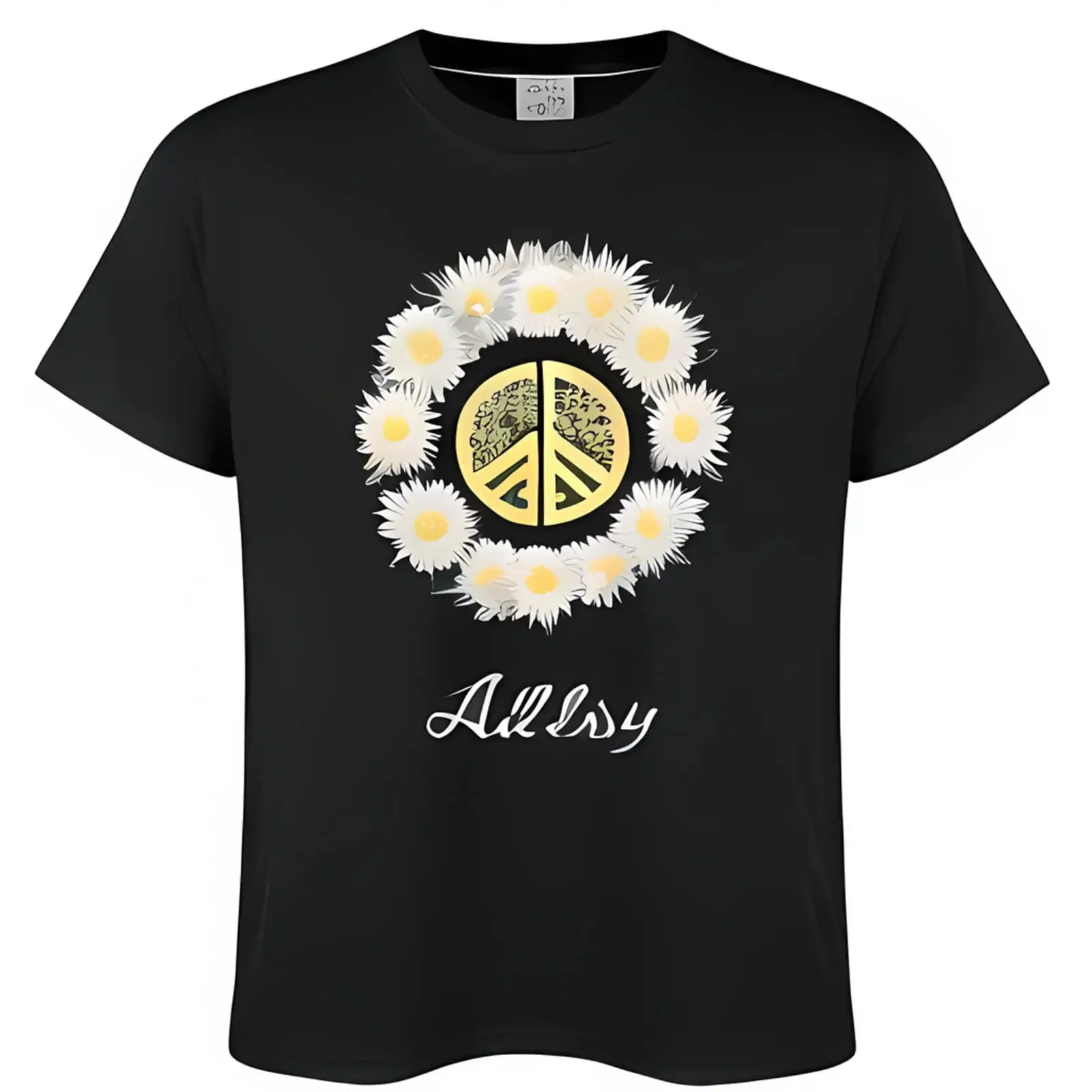 Vintage Black T-Shirt with Allsy and Daisy Peace Sign Design Retro Style T-Shirt