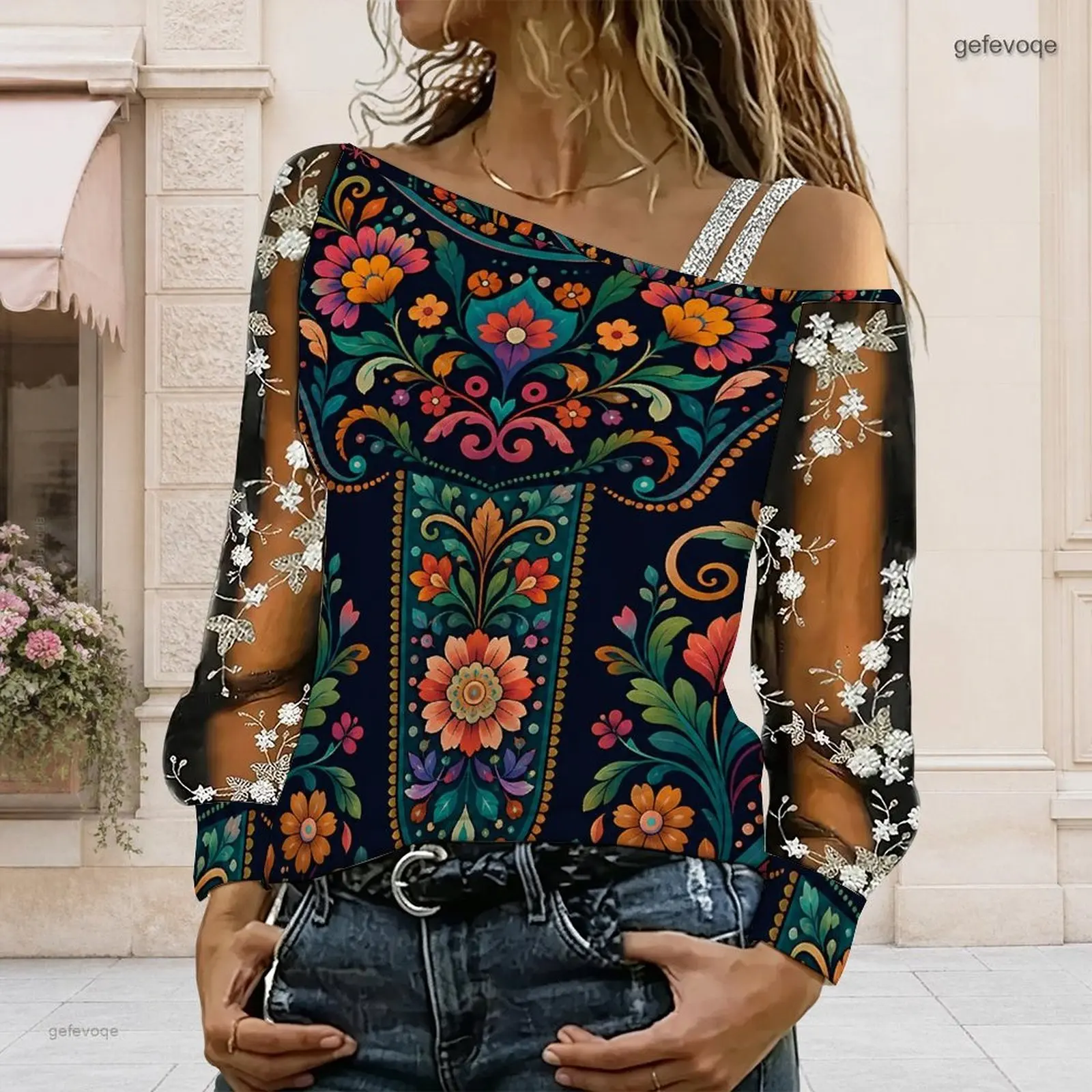 Women Asymmetric Cold Shoulder Top Long Sheer Embroidered Sleeve Ethnic Floral Print Blouse