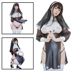 Sexy Nun Women Halloween Cosplay Costumes Breast Opening Exposure See-Through Fantasy Erotica Lingerie Hollow Underwear Outfit