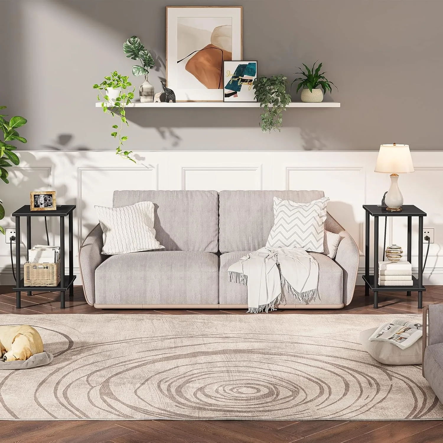 Side Table with Charging Station, End Table with USB Ports and Outlets, Nightstand with 2-Layer Storage Shelves for Small Spaces