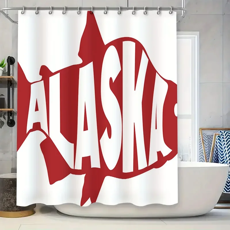 Cortina de ducha Alaska, estampado de peces rojos y blancos, decoración de baño, tela impermeable, opciones de tamaño personalizables, envío internacional A