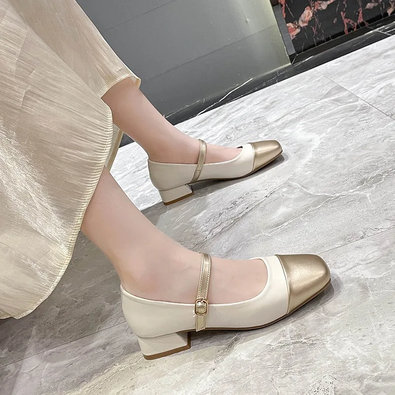 Woman Gold Square Toe Designer Flats Lady 3cm High Heels Mocasines Loafers Female Barefoot Buckle Strap Mary Jane Sweet Shoes