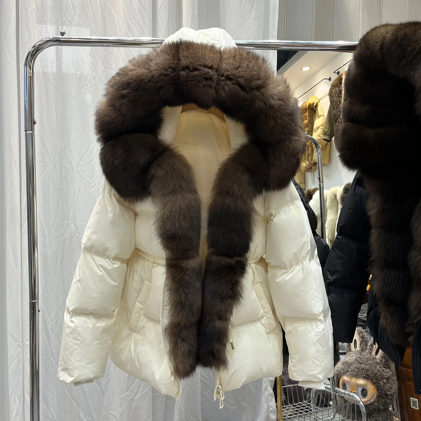 Winter Hooded Natural Large Fur Collar Down Jacket Female White Duck Down Outwear Women Warm Drawstring Zipper Mid-length Jacket