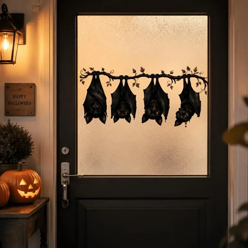 1pc Halloween Hanging Bats Window Sticker | Black Witch Bat Branch Wall Decal | Removable High Quality Home Decor For Window, Do