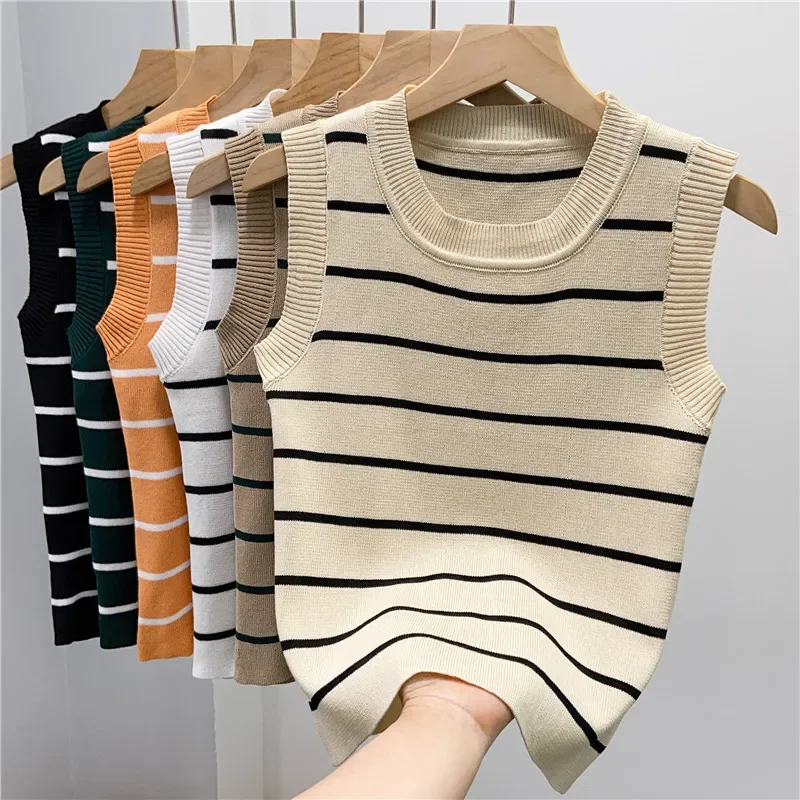 

Women's Basic Tank Crop Top Female Knitted Sleeveless Basic Striped T shirts Women's Slim Stretchy Thin Knitwear Summer