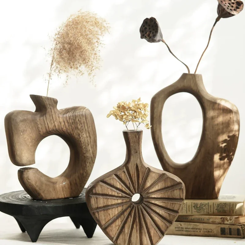 1PC Wooden Vase Retro Vintage Texture Solid Wood Creative Flower Arrangement Ornament For Living Room Entrance Simple
