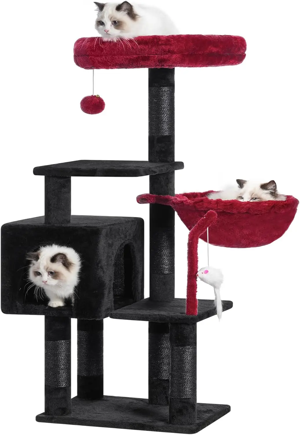 

Cat Tree with Toy, Tower Condo for Indoor Cats, Padded Perch, Hammock and Scratching Posts in Black and Red