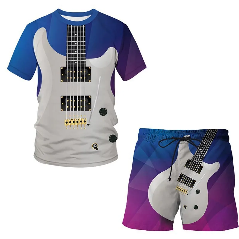 Sommer T Shirt Beach_yy 3D Druck Gitarre Shorts Trainingsanzug Set Männer Kurzarm T-Shirt Anzug Mode Kurze Casual Sommer Kleidung