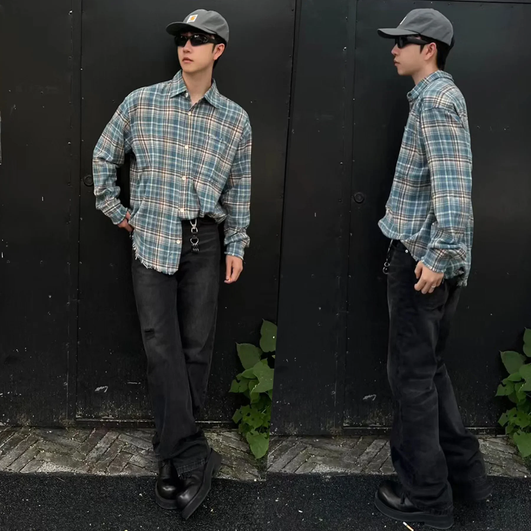 FROM THE STREET Autumn Flannel Tassel Brushed Check Shirts Men Green Plaid Long Sleeve Oversized Shirts Male Plus Size Cleanfit