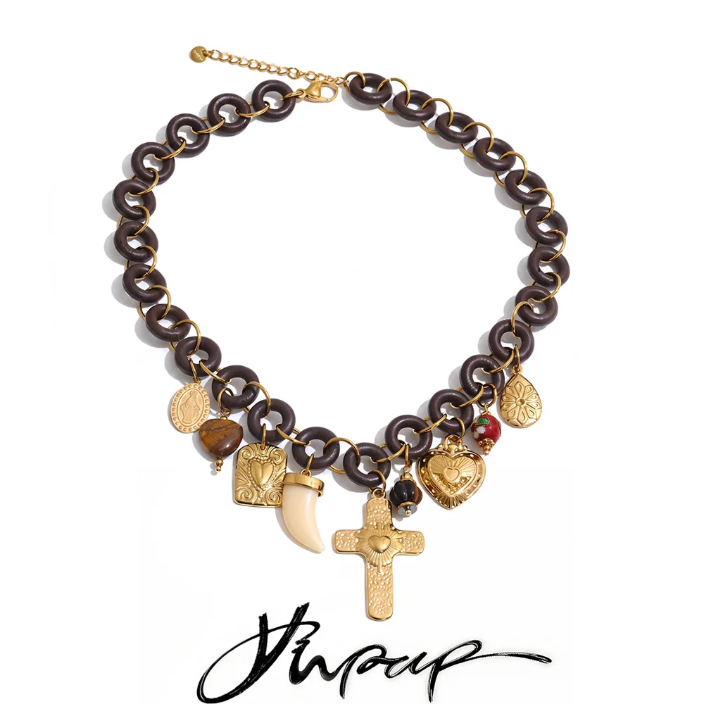 Yhpup 2026 Wood Round Chain Handmade Necklace Stainless Steel Flower Heart Cross Drop Charm Statement Jewelry Waterproof