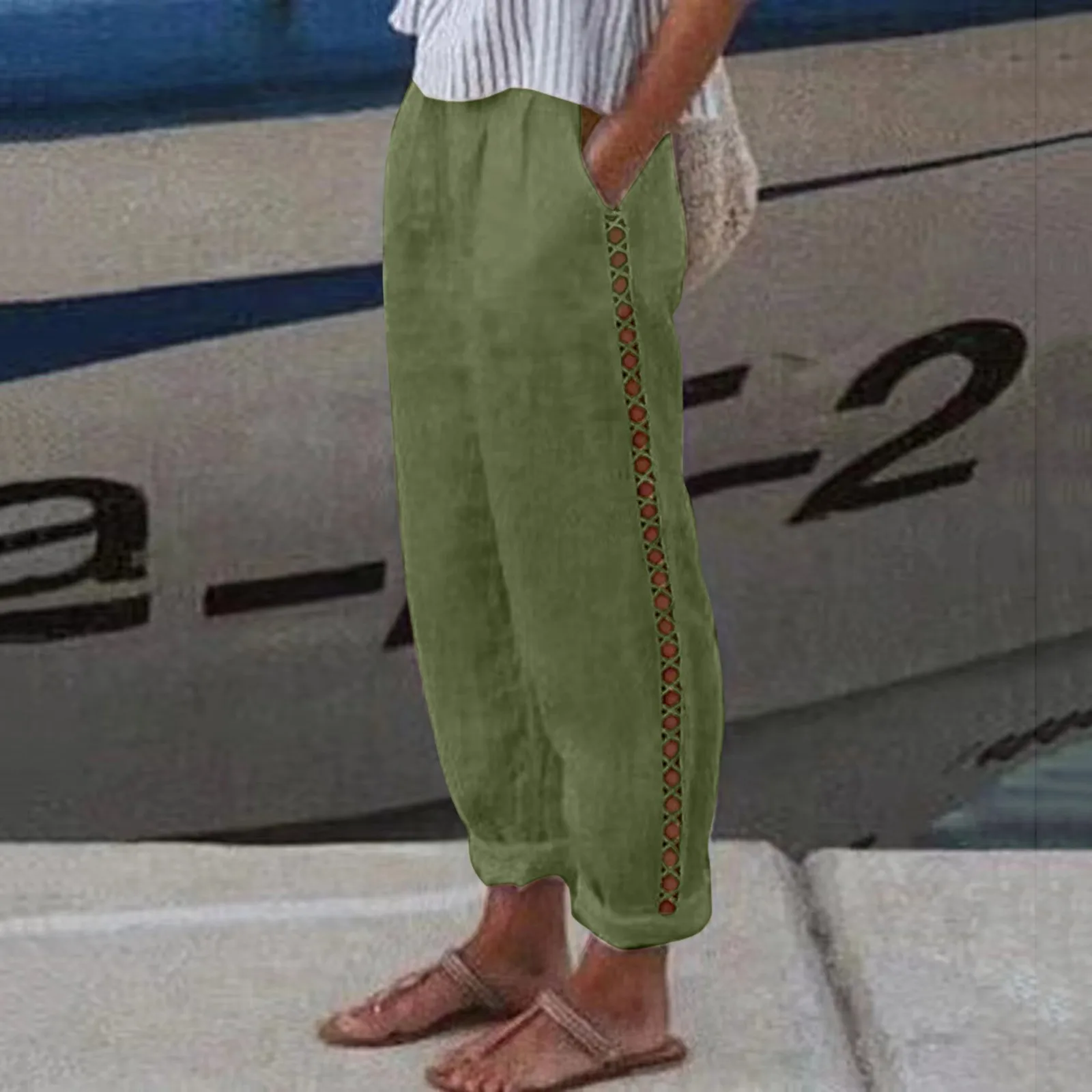 Women Cotton Linen Loose Wide Leg Pants 2023 Spring Summer Casual Solid Drawstring Elastic Waist Comfy Trousers Hollow design