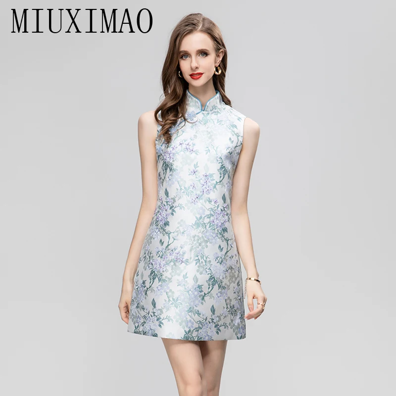 

MIUXIMAO 2023 Woman Clothing Sleeveless Jacquard Flower Diamonds Above Knee Retro One Piece Dress women's Luxury Party Dress